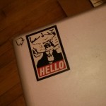 Obey Goatse sticker on POS laptop.
